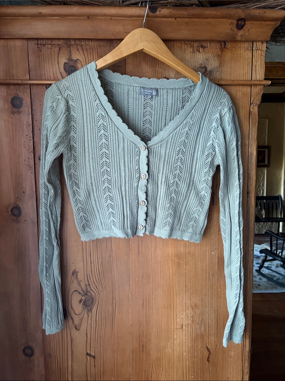 Cotton Open-Knit Scallop-Edge Cropped Cardigan - Sage Green